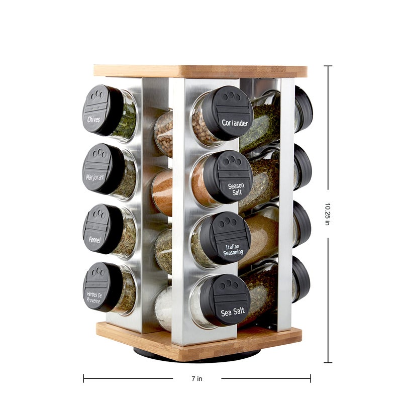 Kamenstein 16 Jar Warner Revolving Countertop Spice Rack Organizer with Lift & Pour Caps and Spices Included, FREE Spice Refills for 5 years, Stainless Steel & Bamboo with Black Caps - Image 2